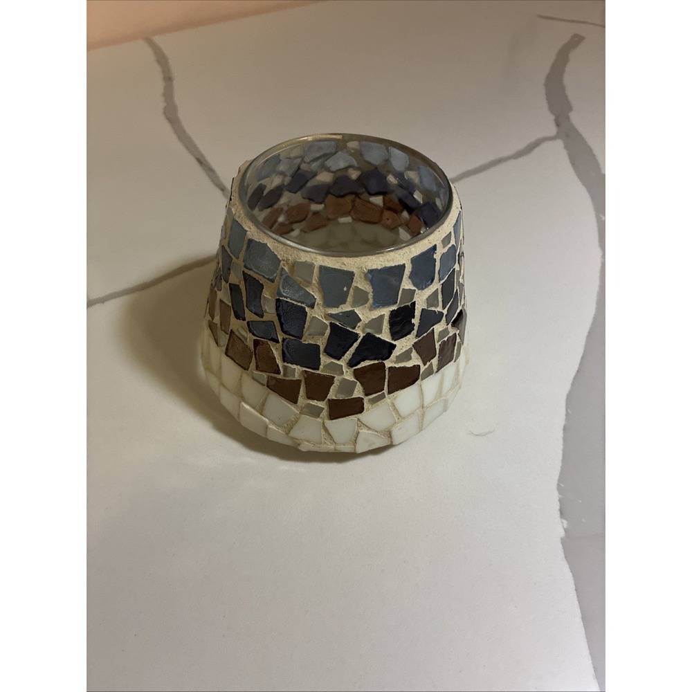 Home Interiors Decorative Mosaic Candle Shade Blue & Tan/Brown Topper